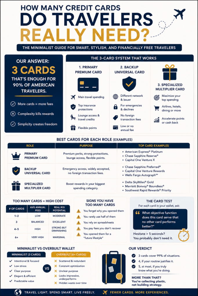 Infographic showing the ideal three-card setup for travelers, with tips for smarter rewards and simpler wallet management.